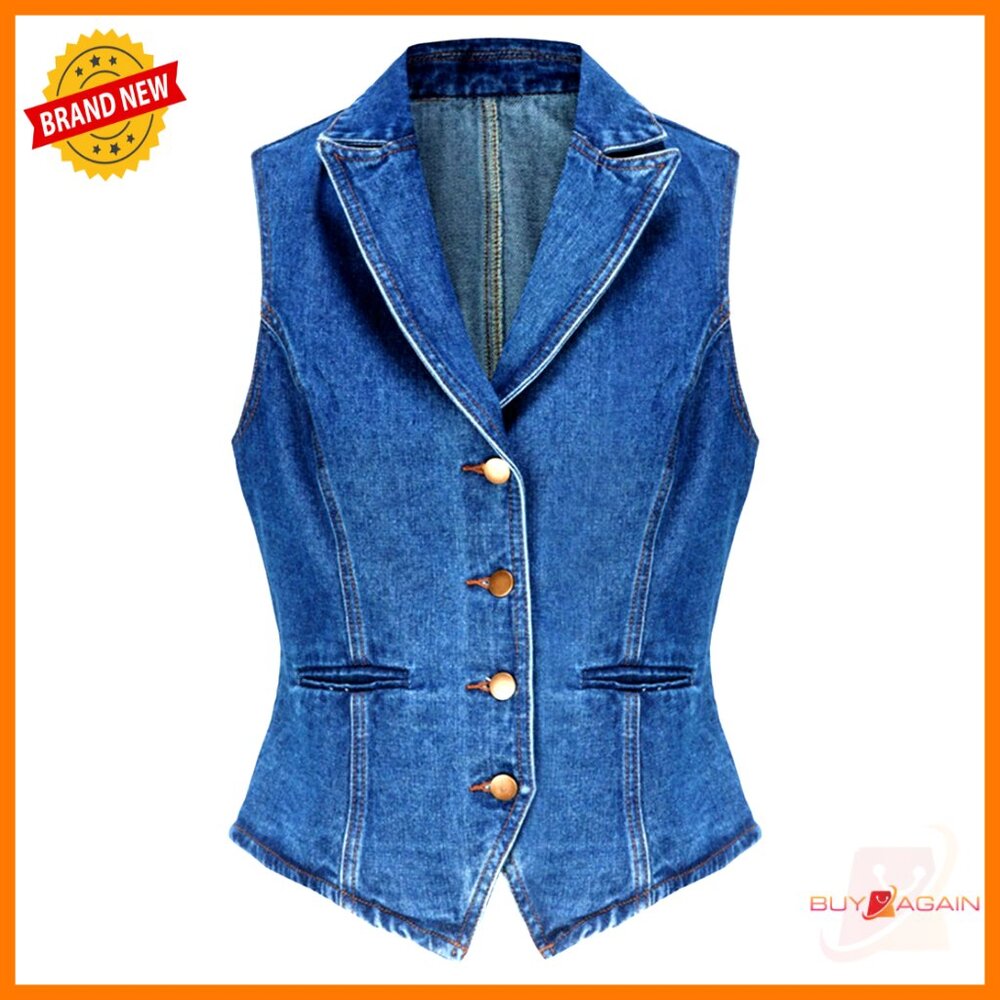 Large Denim Vest Sleeveless Lapel V-Neck Button Down Regular Fit